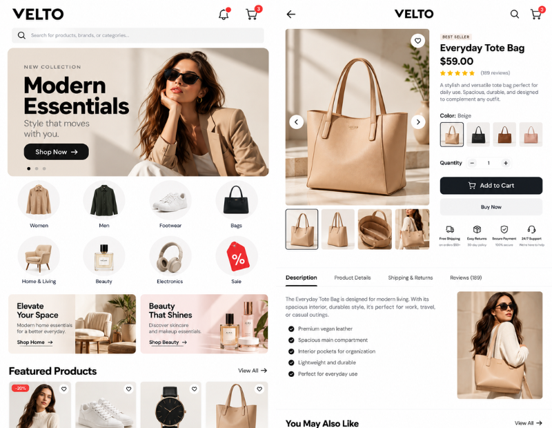 Velto ecommerce mobile app screenshot